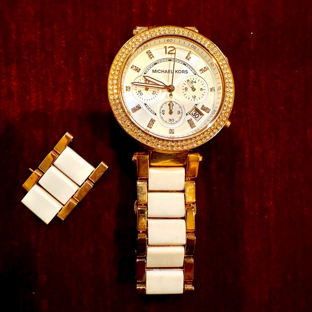 Michael Kors. Women’s Parker Gold-Tone and white  Chronograph Watch.